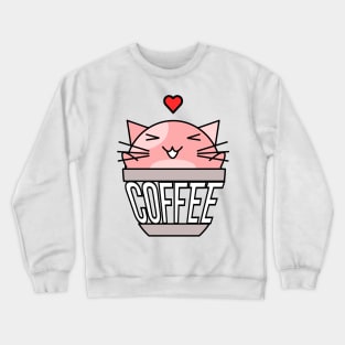 Happy cat in coffee cup with warped text heart on head pink Crewneck Sweatshirt